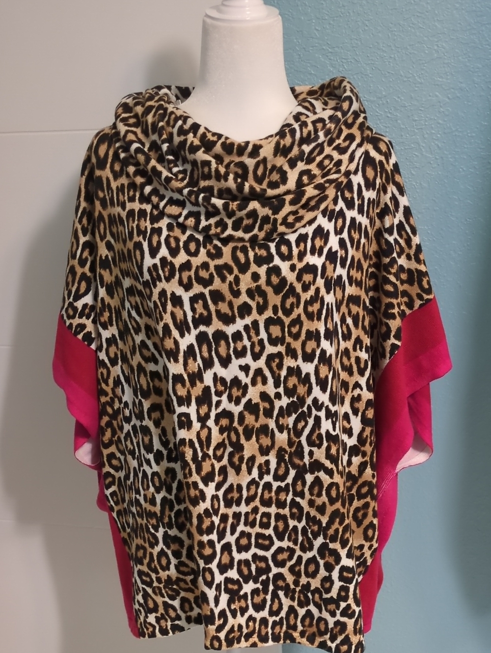 Chico's Leopard Print Cowl Neck Poncho Top Pink Trim Fall Mob Wife Cozy Layerin